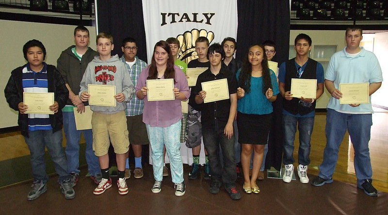 Image: 8th grade students that were awarded for having No-Tardies are Isidro Perez, Aaron Pittmon, James Walton, Adrian Acevedo, Christy Murray, Jacob Brooks, Joshua Cryer, Elliot Worsham, Anton Eli Berkley, Vanessa Cantu, Eli Garcia, Joseph Celis and Austin Pittmon.