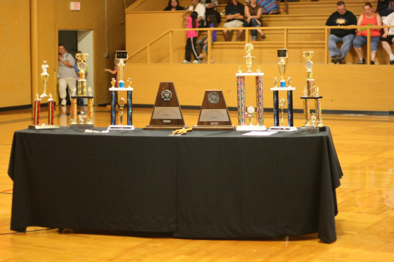 Image: Look at that table of trophies!  Earned this school year, the Italy Gladiator Regiment Band took sweepstakes in every competition.