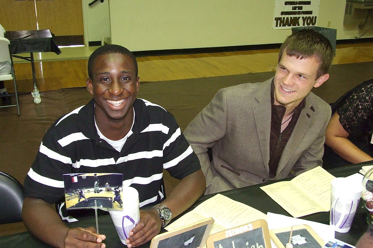 Image: Seniors Marvin Cox and Chase Hamilton share a laugh during the banquet but as teammates they always took competing seriously.