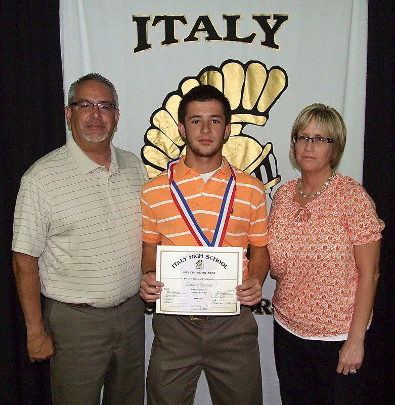 Image: Pictured with parents, Vincent and Susan Jacinto, senior Gladiator, Caden Jacinto, displays his State semifinal medal and certificate of achievement during the 2013 Italy Athletic Banquet.