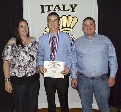 Image: Pictured with parents, Amanda and Scott Connor, freshman Gladiator, Ryan Connor, displays his State semifinal medal and certificate of achievement.