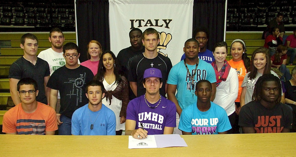 Image: Cole Hopkins, is joined by his fellow senior student-athletes who are proudly supporting Cole as he signs his commitment letter to the University of Mary Hardin-Baylor to play basketball for the Crusaders. (Back row): Zackery Boykin, Katie Byers, Adrian Reed, Paul Harris and Alyssa Richards. (Middle row): Hayden Woods, Blake Vega, Morgan Martinez, Chase Hamilton, Jalarnce Lewis, Meagan hooker and Morgan Cockerham. (Front row): Reid Jacinto, Caden Jacinto, Cole Hopkins, Marvin Cox and Ryheem Walker.