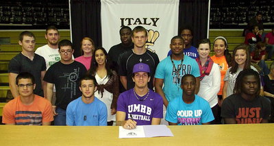 Image: Cole Hopkins, is joined by his fellow senior student-athletes who are proudly supporting Cole as he signs his commitment letter to the University of Mary Hardin-Baylor to play basketball for the Crusaders. (Back row): Zackery Boykin, Katie Byers, Adrian Reed, Paul Harris and Alyssa Richards. (Middle row): Hayden Woods, Blake Vega, Morgan Martinez, Chase Hamilton, Jalarnce Lewis, Meagan hooker and Morgan Cockerham. (Front row): Reid Jacinto, Caden Jacinto, Cole Hopkins, Marvin Cox and Ryheem Walker.