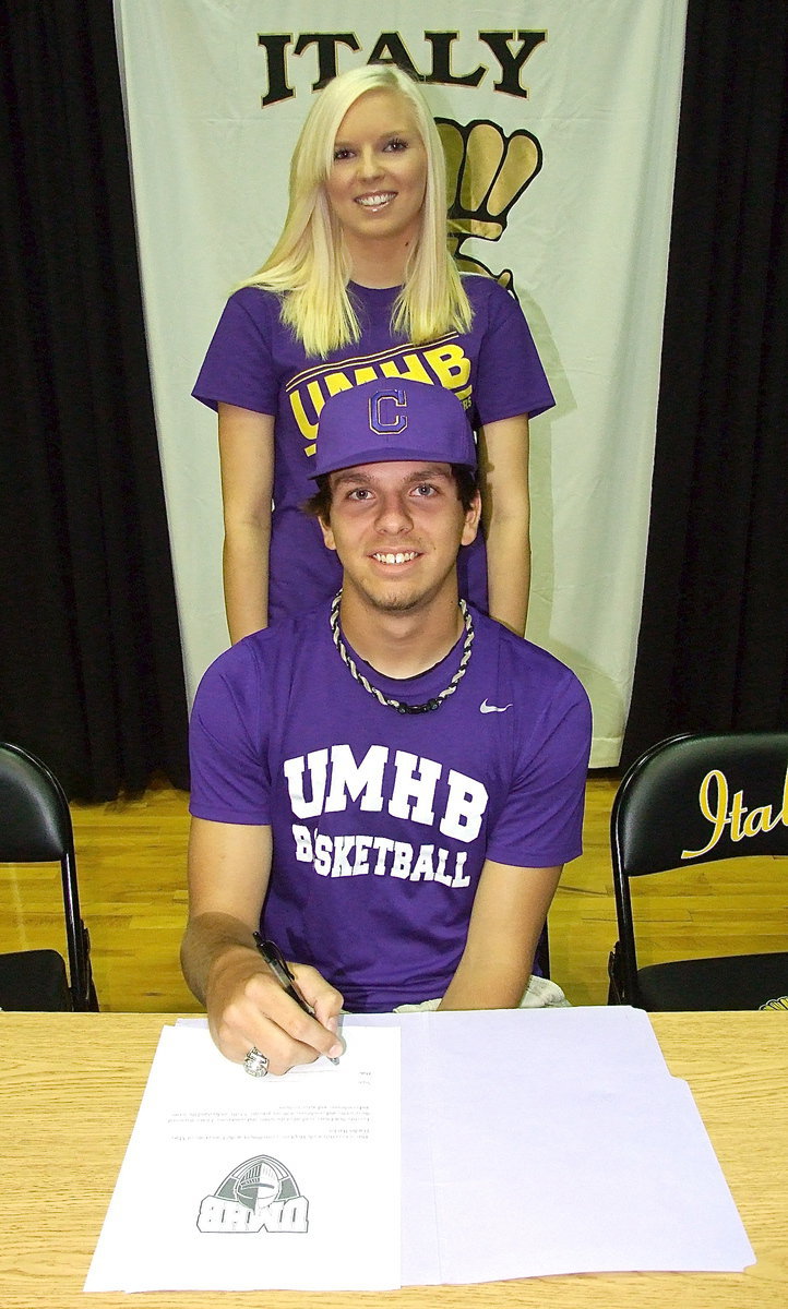 Image: Cole Hopkins with his older sister, Megan Hopkins, during Cole’s signing of his letter of intent to play basketball for the University of Mary Hardin-Baylor Crusaders. Megan currently attends Navarro College.