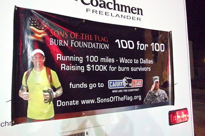 Image: A poster promotes the efforts of Sons of the Flag Burn Foundation Executive Director Ryan “Birdman” Parrott who challenged himself on a 100k for 100-mile fundraising run to help burn victims.