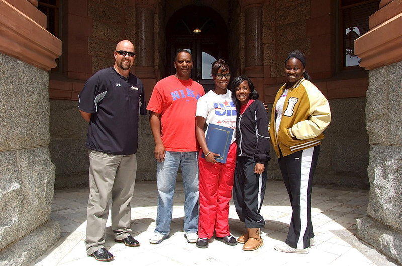 Image: Coach Hank Hollywood, James Johnson and his daughter Kortnei Johnson, Kendra Copeland and Taleyia Wilson stand proud outside the Waxahachie Courthouse after Kortnei received the proclamation in her honor.