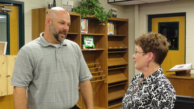 Image: Italy High School Principal Lee Joffre bids a fond farewell to Sharan Farmer, the school’s beloved librarian.