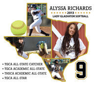 Image: Finishing a tremendous high-school career and memorable 2013, Italy Lady Gladiator senior catcher and long-ball hitter, Alyssa Richards, was named to the TGCA All-State team for Class 1A, earned TGCA and THSCA Academic All-State and will play in the TGCA All-Star game in Austin on July 12.