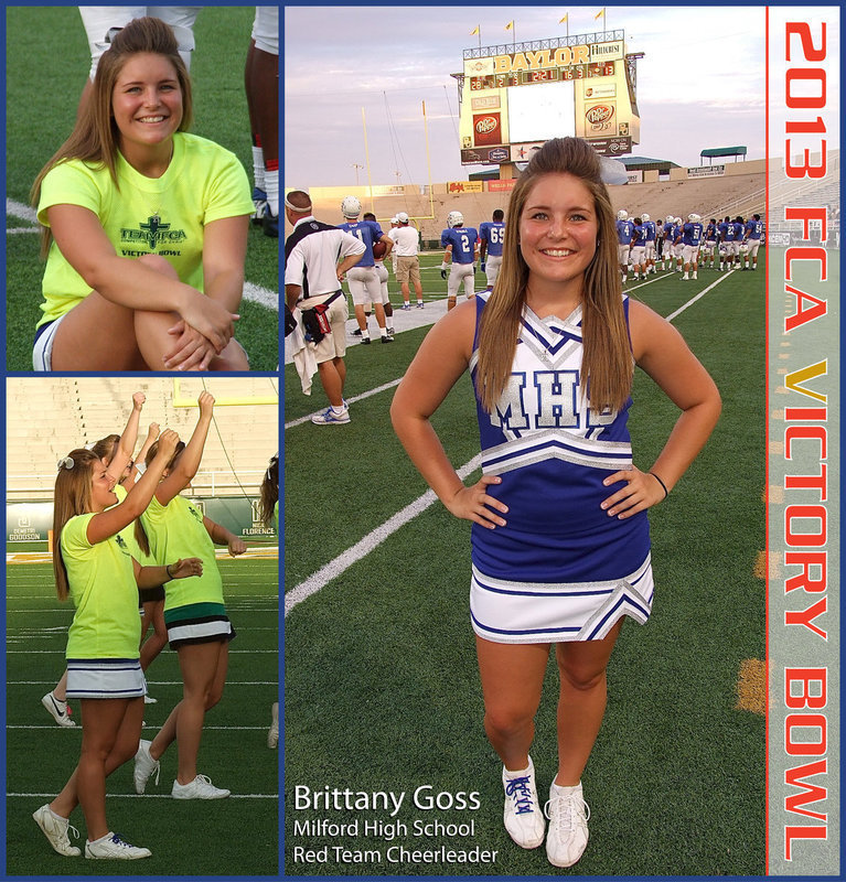Image: Milford High School’s, Brittany Goss participated in the 2013 FCA Super Centex Victory Bowl V as a Red Team cheerleader.