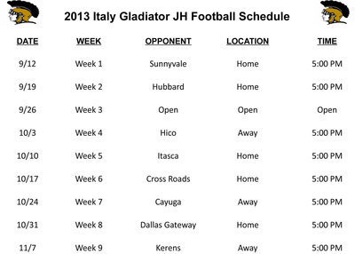 Image: The 2013 Italy Junior High Gladiator Football Schedule.