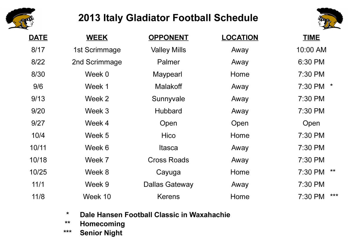 Image: The 2013 Italy Gladiator Football Schedule.