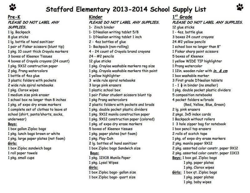 Image: Stafford Elementary School Supply List – page 1
    For optimal printing click on image twice to get it to it’s largest state. Then right click, download and print.