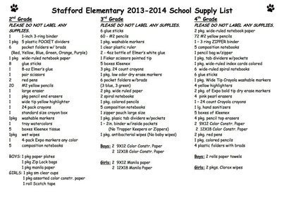 Image: Stafford Elementary School Supply List – page 2
    For optimal printing click on image twice to get it to it’s largest state. Then right click, download and print.