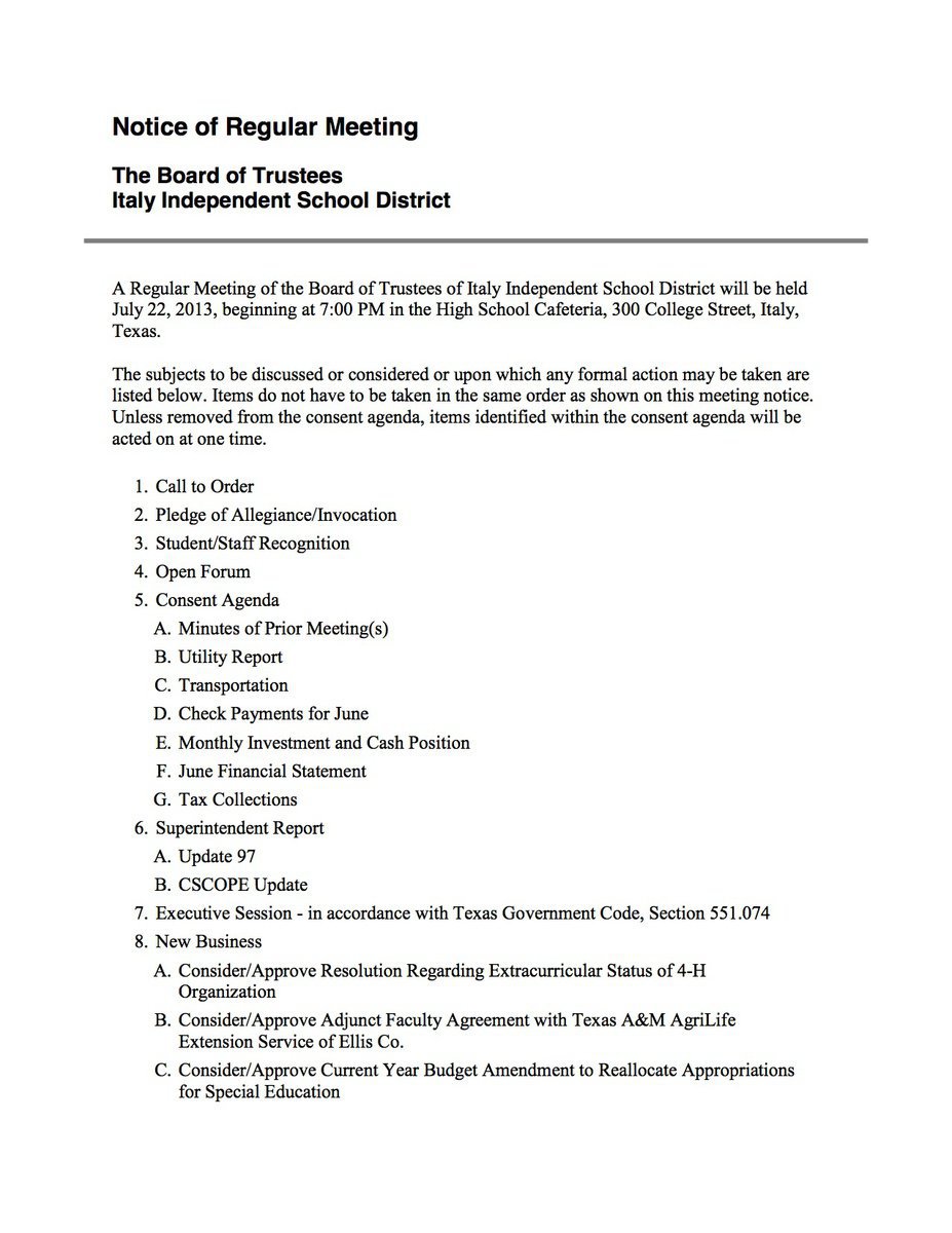 Image: School Board Meeting Agenda – page 1