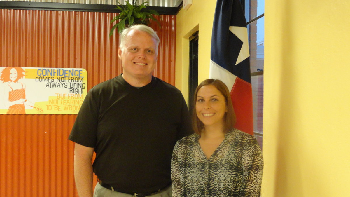 Image: Stafford Elementary Principal Jonathan Nash congratulates newly hired science teacher Maggie Westrick. She will teach fifth and sixth grade science at Stafford.