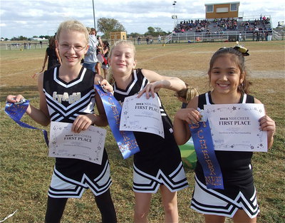 Image: The IYAA A-Team cheerleaders display their 1st place certificates and ribbons after winning the season-long cheer competition.