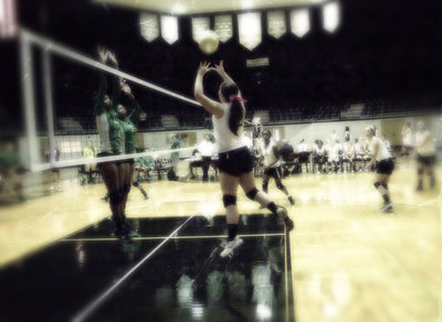 Image: Paige Westbrook(12) is in the zone as she taps one over the Kerens’ blockers for a point.