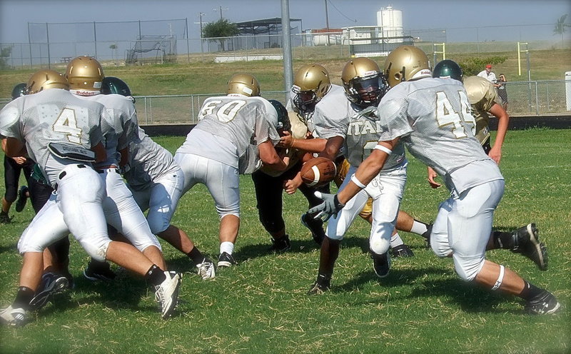 Image: Shad Newman(4) leads thru the hole for Coby Bland(44) who takes the handoff from quarterback Tamarcus Sheppard(8).