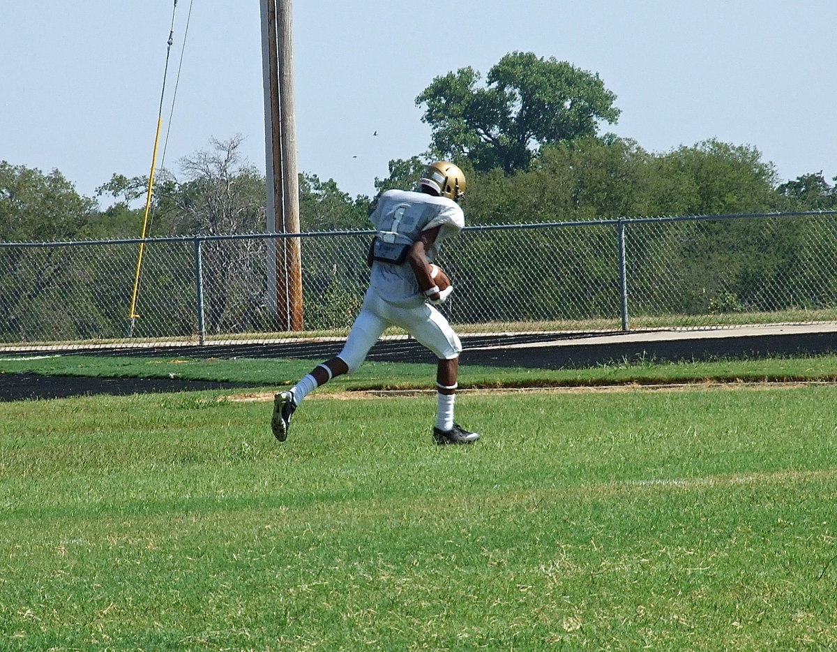 Image: All alone is Trevon Robertson(1) who was left wide open to receive a touchdown pass from teammate TaMarcus Sheppard. Robertson had 2 touchdown receptions on the day.