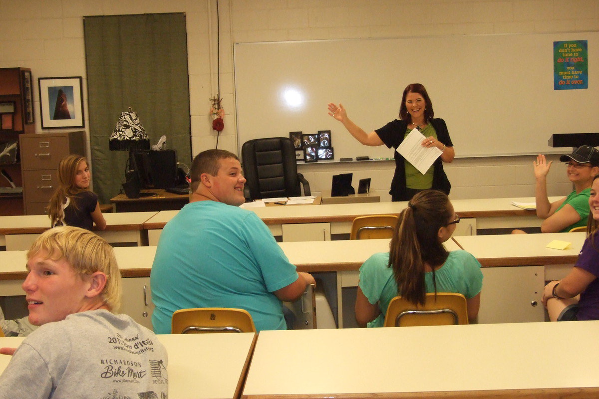 Image: Hello, World! Newly hired family consumer science teacher, Jennifer Eaglen, has her parents and students wave to the camera.