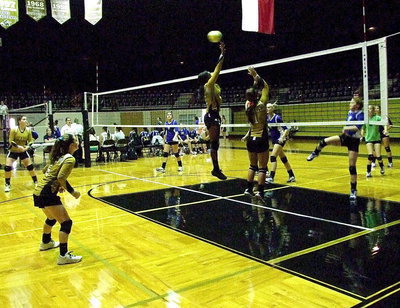 Image: Kortnei Johnson(12) and Bailey Eubank(1) try to put up interference at the net while Paige Westbrook(11) and Tara Wallis(5) have their back.