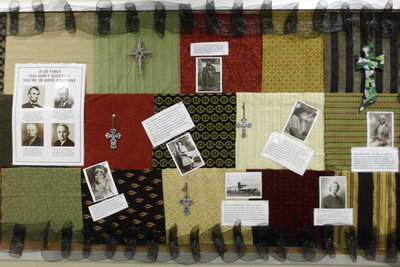 Image: She constructed a patchwork quilt from different fabrics as a dropback for this bulletin board.