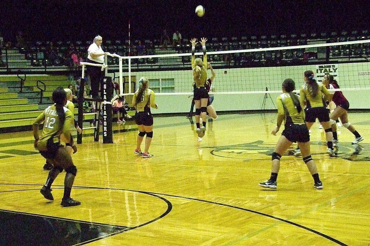 Image: Sophomore Halee turner(7) blankets a Mildred opponent at the net.