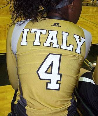 Image: Italy’s K’Breona Davis(4) displays the back of the Lady Gladiators’ new uniforms.