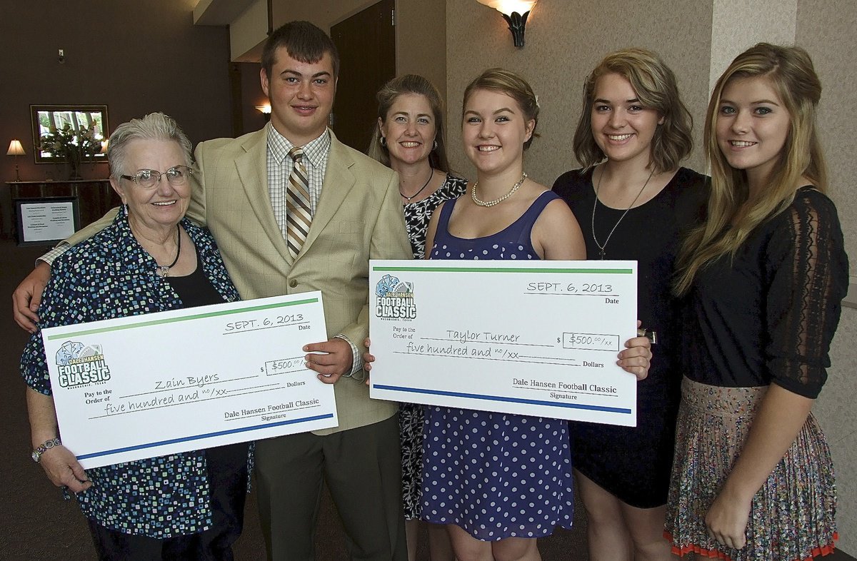 Image: Saturday morning following the game Ann Byers, Zain Byers, Ronda Cockerham, Taylor Turner, Quynci Wisdom and Halee Turner enjoy the Dale Hansen Football Classic’s Champions Breakfast held inside the Waxahachie Civic Center to honor Zain and Taylor who represented Italy High School as the 2013 scholarship winners with both seniors receiving checks for $500. Dale Hansen himself made the presentations and entertained guests with humor and a message, “High school only happens once in your life. There is no going back to do it over. Really enjoy the experience and cherish this special moment in your lives.”