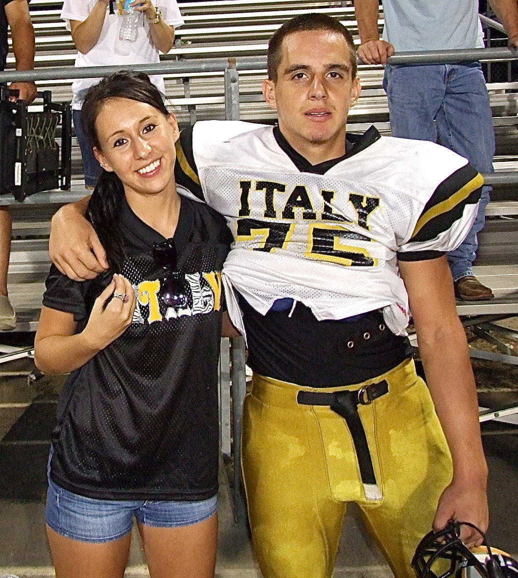 Image: Cody Medrano(75) earns a hug from big sis, Jerri Anne Medrano, after the game. Medrano was later selected as Italy’s Top offensive lineman against Sunnyvale.