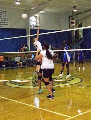 Image: Grace Haight(29) goes for the block against Milford’s Jenaria Brooks(2).