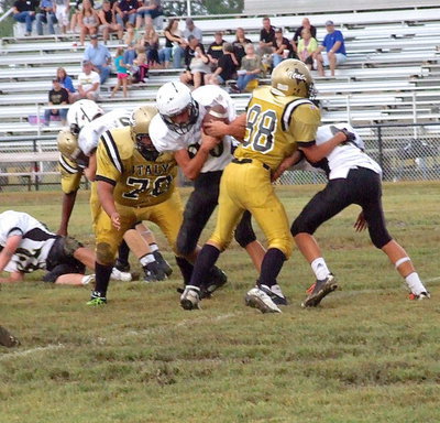 Image: Kyle Machovich(88) charges into the backfield, disrupting the handoff and allowing tackle Adrian Acevedo(70) to destroy the Jaguar runner.