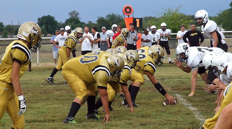 Image: Adrian Acevedo(70) anchors the JV O-line from right tackle as David De La Hoya(60) prepares to snap.