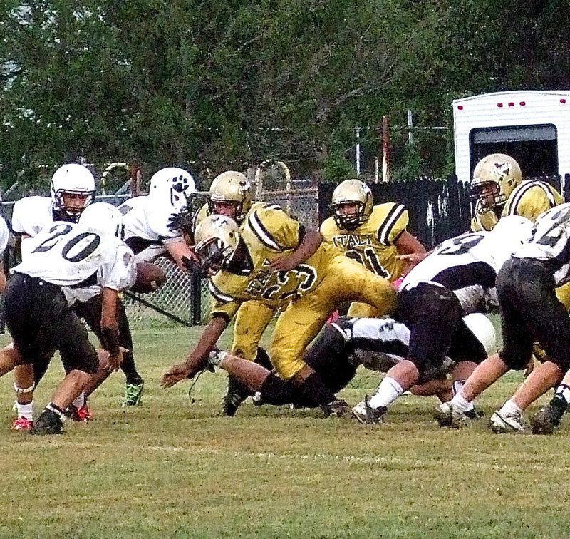 Image: Linebacker Kenneth Norwood(63) blasts into the Hubbard backfield to tackle Hubbard for a loss.