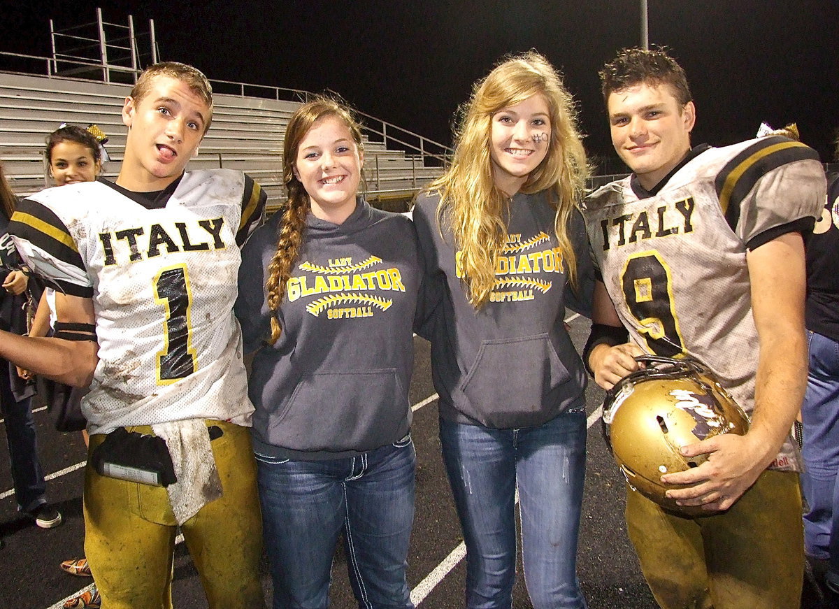 Image: Levi McBride(1), Reagan Cockerham, Halee Turner and Hunter Merimon(9) are happy with their team’s performance Friday night against Hubbard.