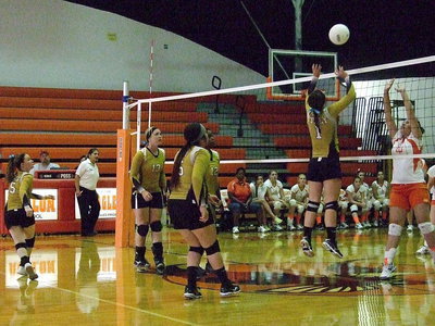 Image: Bailey Eubank(1) gains altitude at the net.