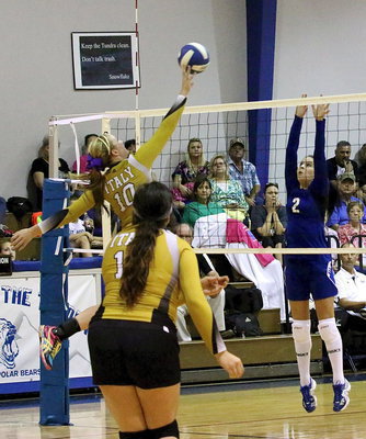 Image: Madison Washington(10) flies in to tap it over the net for the Lady Gladiators.