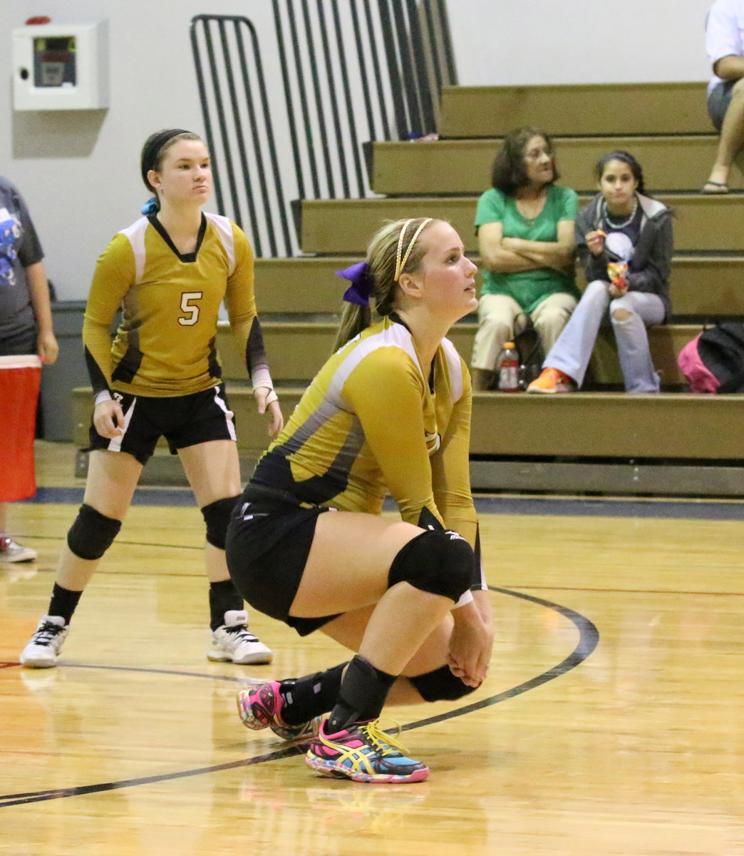 Image: Tara Wallis(5) guards the back line as Madison Washington(10) gets low for dig.