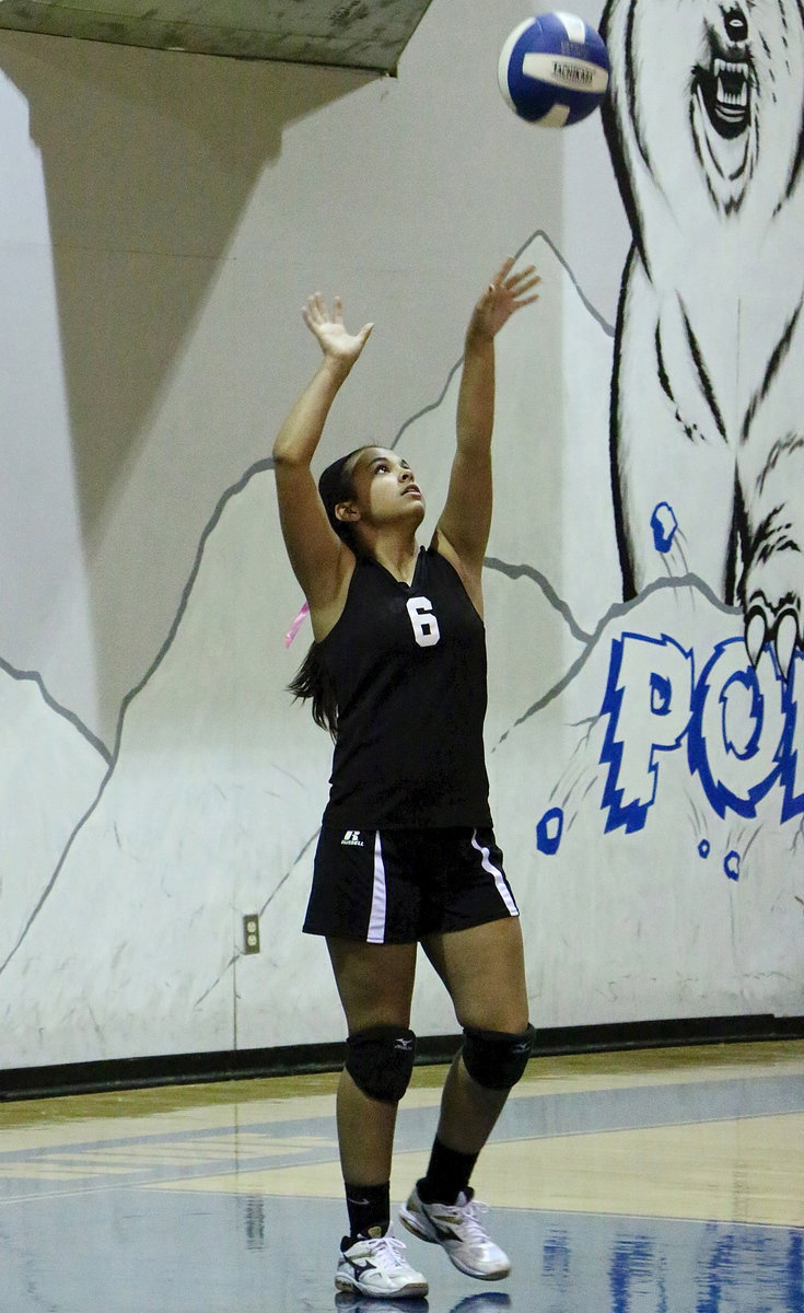 Image: JV Lady Gladiator, Ashlyn Jacinto(6), serves up a challenge for Frost.