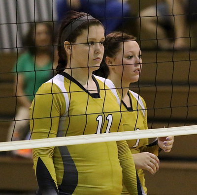 Image: Lady Gladiators Paige Westbrook(11) and Bailey Eubank(1) peer thru the volleyball net at the Polar Bears.
