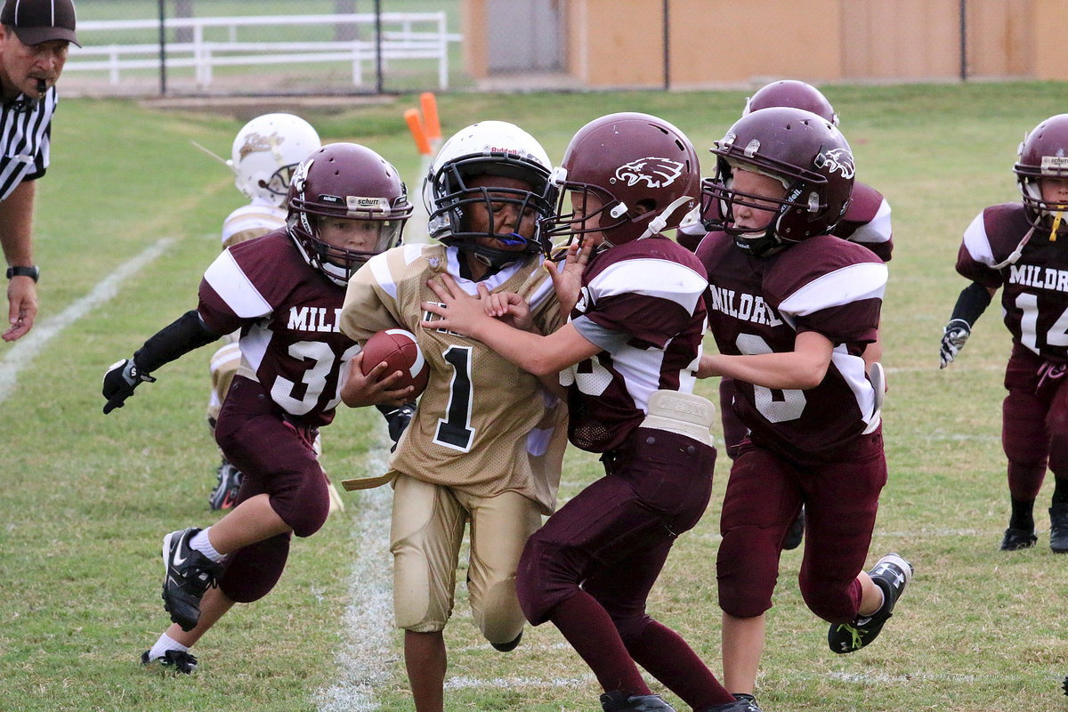 Image: Curtis Benson(1) skirts the sideline while fighting off pecking Eagle tacklers.