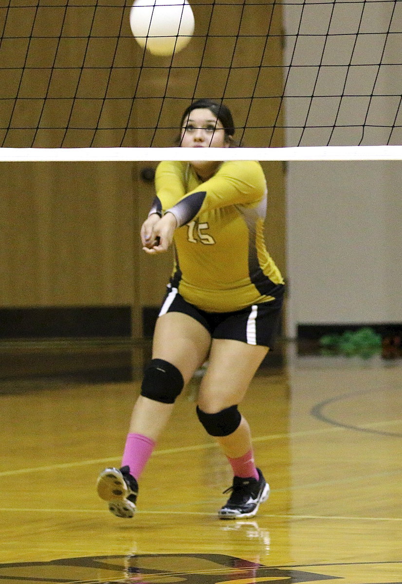 Image: Senior Monserrat Figueroa(15) attacks a Bynum serve.