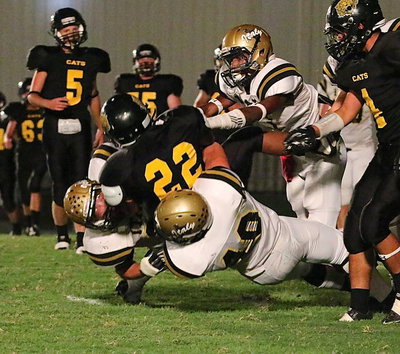 Image: Coby Bland(40), Shad Newman(25) and TaMarcus Sheppard(10) foil a 2-point conversion try by Itasca.