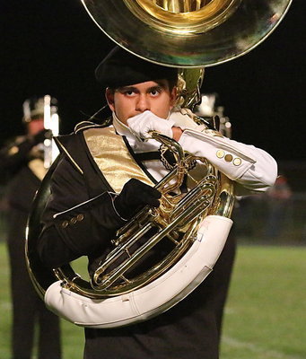 Image: David De La Hoya plays the tuba during the Gladiator Band’s halftime performance.