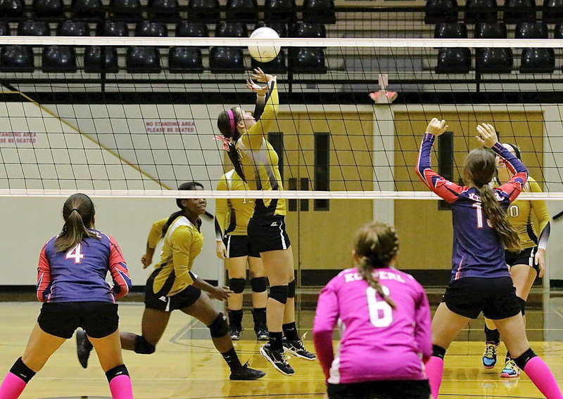 Image: Bailey Eubank(1) sets the ball for as Kortnei Johnson(12) and Madison Washington(10) get into scoring position.