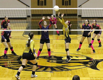 Image: Bailey Eubank(1) sets the ball as Paige Westbrook(11) readies if needed.