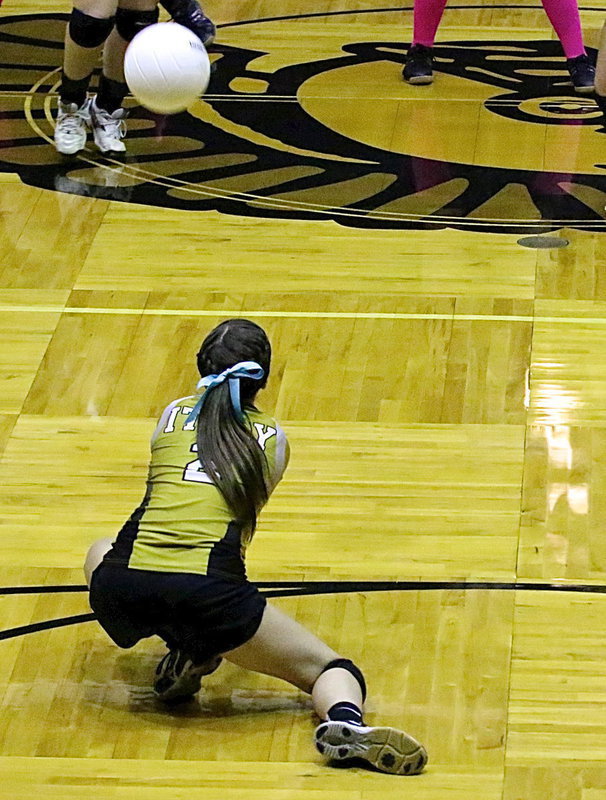 Image: Cassidy Childers(2) digs a ball for the Lady Gladiator defense.