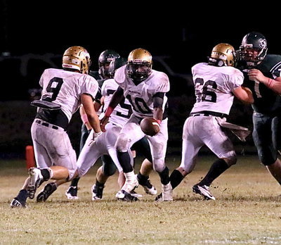 Image: Gladiator quarterback TaMarcus Sheppard(10) hands off to sophomore Hunter Merimon(9) often with O-Linemen Cody Medrano(75) and Kyle Fortenberry(66) leading the way on this play.