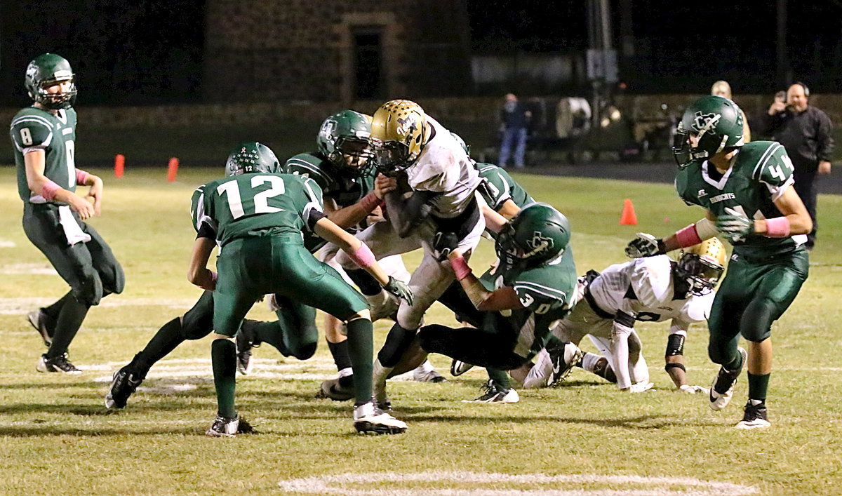 Image: TaMarcus Sheppard(10) fights for extra yards against the Bobcat defense.