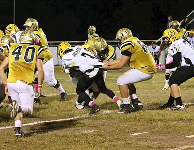 Image: Kevin Roldan(60) hangs on to a Cayuga ball carrier as Shad Newman(25) and Zain Byers(50) help finish the Wildcat off.